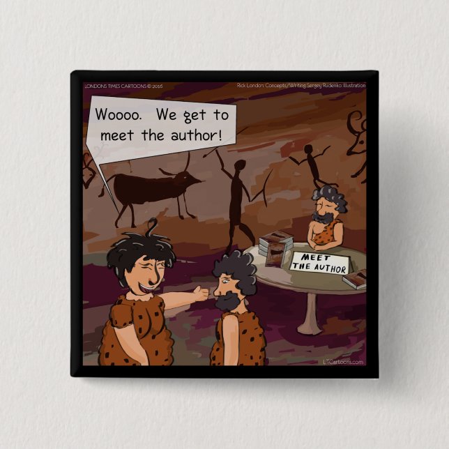 Funny Caveman Author "Meet The Author" 15 Cm Square Badge (Front)