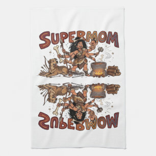 Funny Cavewoman Super Mum Multi Tasking Retro Tea Towel