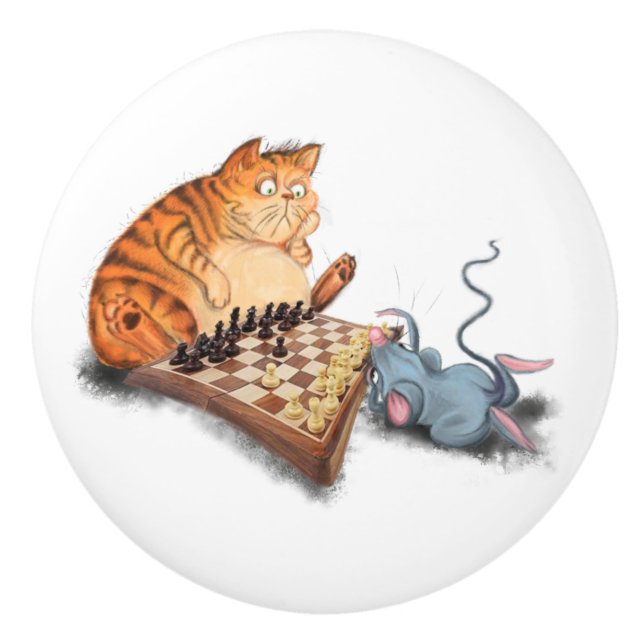 Funny Ceramic Knob Cat and Mouse Playing Chess (Front)