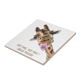 Funny Ceramic Tile with Playful Giraffe - Smile
