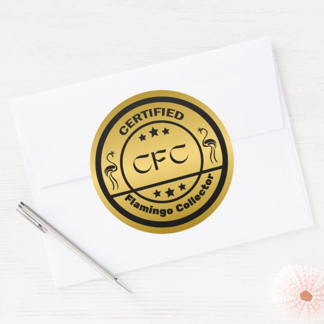 Funny Certified Flamingo Collector Black & Gold Classic Round Sticker (Envelope)