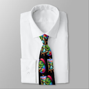 Funny Chameleons Painting on Oil Canvases Tie