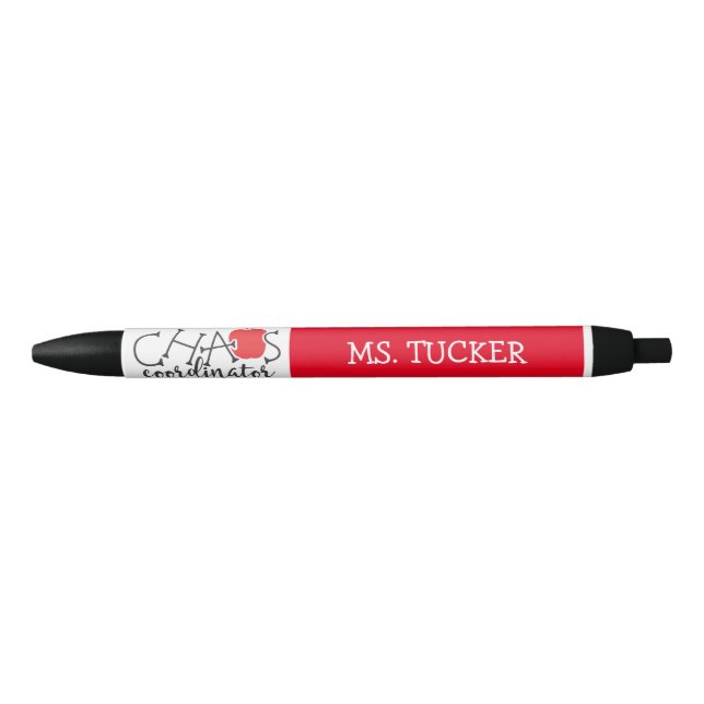 Funny Chaos Coordinator Teacher Red Apple Black Ink Pen (Front)