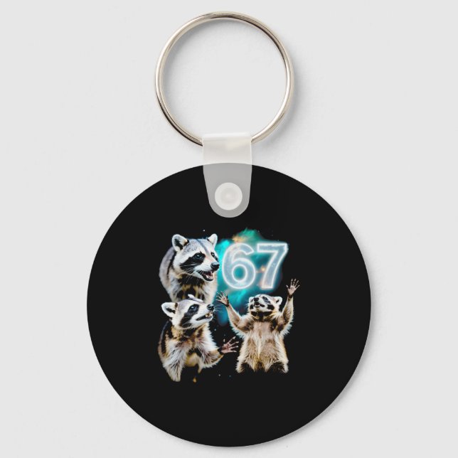 Funny Chaotic Raccoon Howling At 67 Cosmic Six Sev Key Ring (Front)