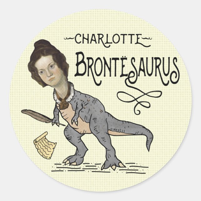 Funny Charlotte Bronte Saurus Dinosaur Book Reader Classic Round Sticker (Front)