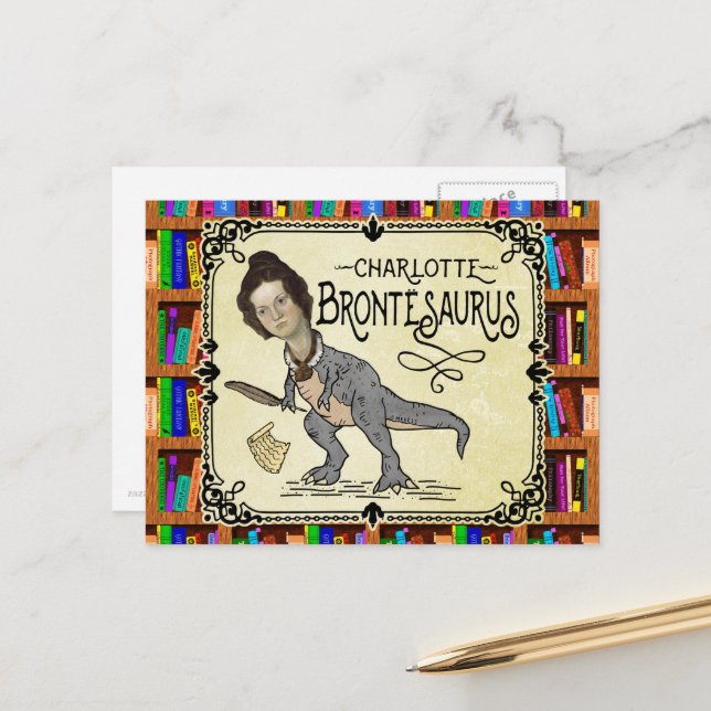 Funny Charlotte Bronte Saurus Dinosaur Book Reader Postcard (Front/Back In Situ)