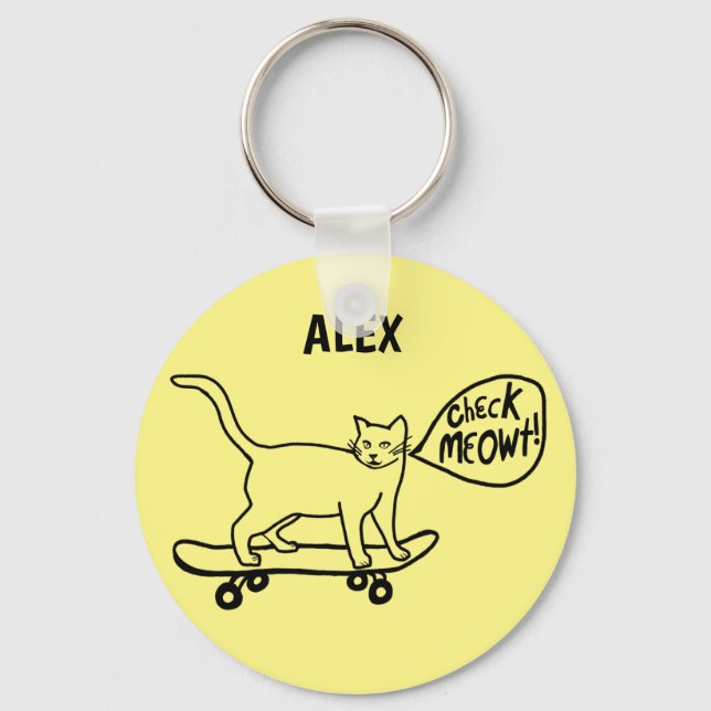 Funny Check MEOWT Skateboarding Cat CUSTOM Key Ring (Front)
