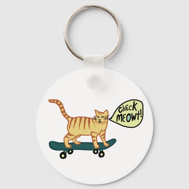Funny Check MEOWT Skateboarding Cat Key Ring (Front)