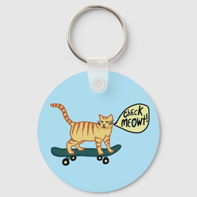 Funny Check MEOWT Skateboarding Cat Key Ring (Front)