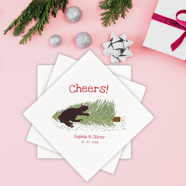 Funny Cheers! Black Cat vs Christmas Tree Holidays Napkin (Creator Uploaded)