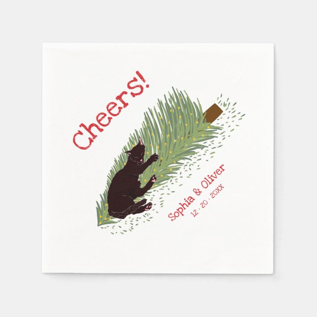 Funny Cheers! Black Cat vs Christmas Tree Holidays Napkin (Front)