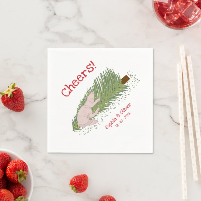 Funny Cheers White Cat vs Christmas Tree Holidays Napkin (Insitu)
