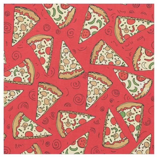 Funny Cheese Pizza Slice Red Pattern Fabric (Close Up)