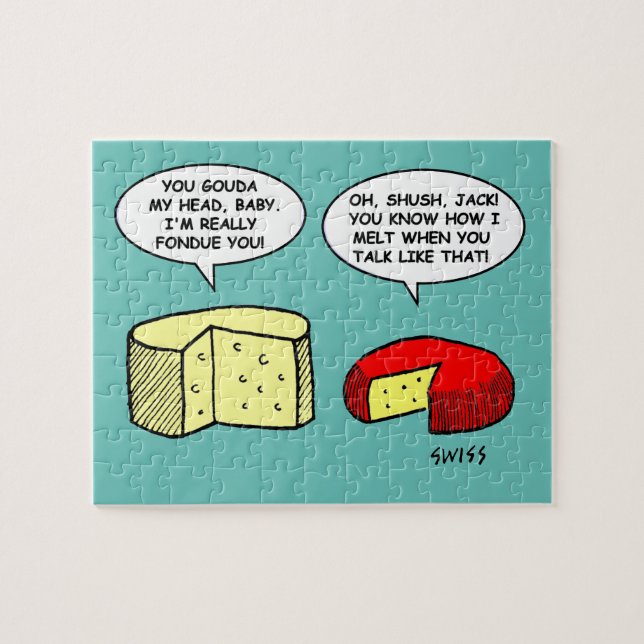 Funny Cheese Tasting Party Smalltalk Cartoon Jigsaw Puzzle (Horizontal)