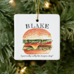 Funny Cheeseburger Burger | Monogram Christmas Ceramic Ornament<br><div class="desc">The perfect Christmas gift and keepsake for any burger aficionado. Our personalized Christmas ornaments feature your name, a juicy burger illustration, funny quote and matching pattern on the back. Add your custom wording to this design by using the "Edit this design template" boxes on the right hand side of the...</div>