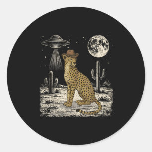 Funny Cheetah Cowboy Western Ufo Safari Animal  Classic Round Sticker