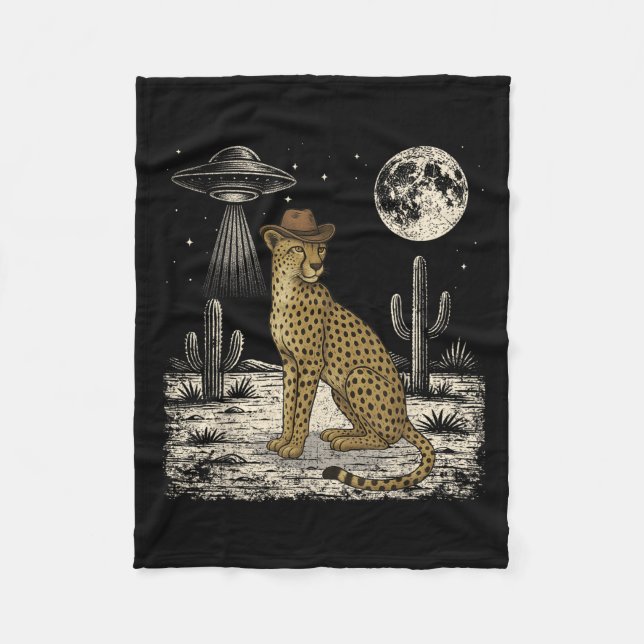 Funny Cheetah Cowboy Western Ufo Safari Animal  Fleece Blanket (Front)