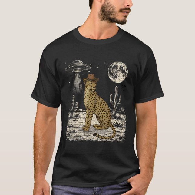 Funny Cheetah Cowboy Western Ufo Safari Animal  T-Shirt (Front)