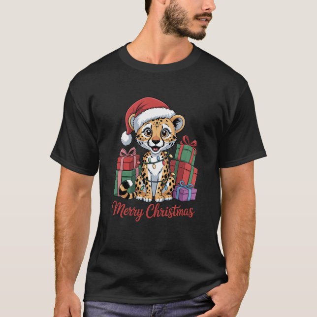 Funny Cheetah Santa Hat Animals Lovers Ugly Christ T-Shirt (Front)