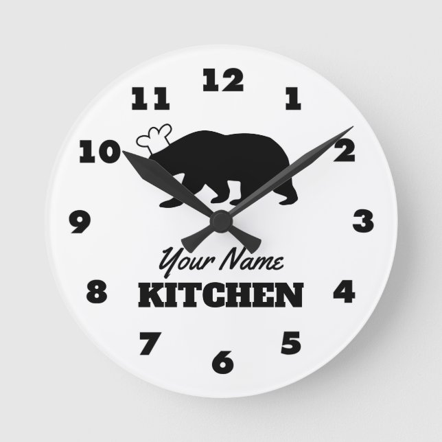 Funny chef bear kitchen clock with custom name (Front)