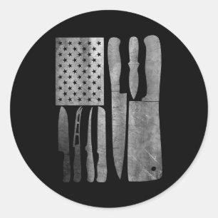 Funny Chef Knife American Flag Design For Men Wome Classic Round Sticker