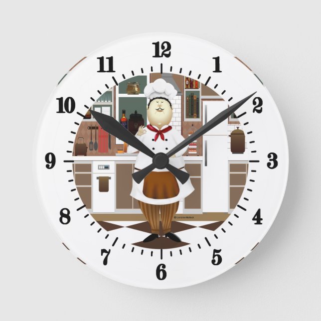Funny Chef with Big Hat in Kitchen Round Clock (Front)