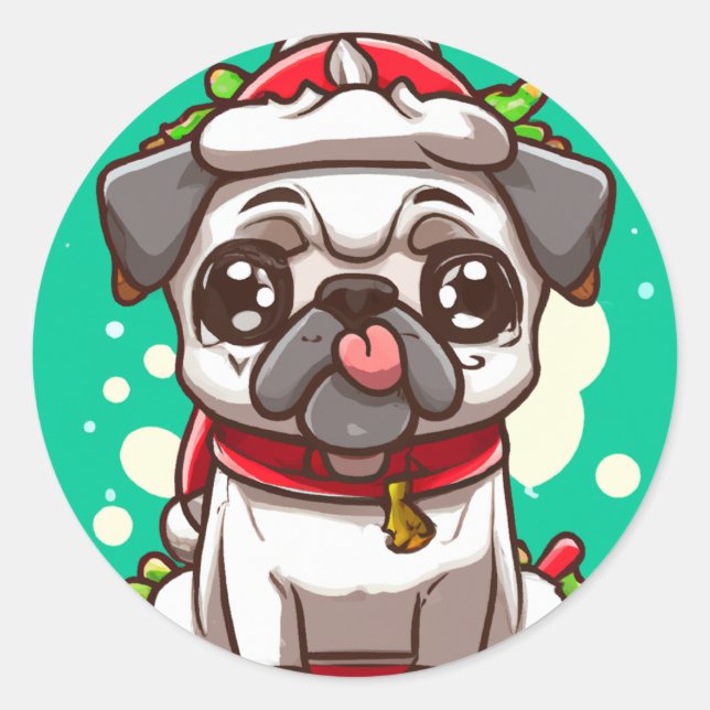 Funny Chibi Kawaii Dog Pug Christmas Sticker (Front)