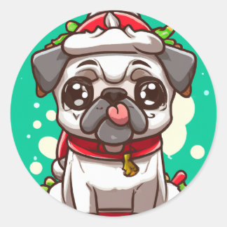 Funny Chibi Kawaii Dog Pug Christmas Sticker
