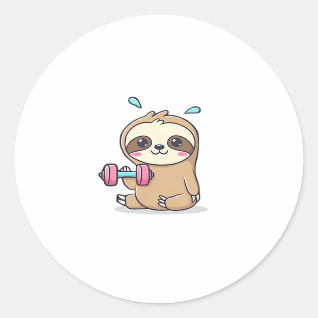 Funny Chibi Sloth Workout  Cute Kawaii Gym Cartoon Classic Round Sticker (Front)