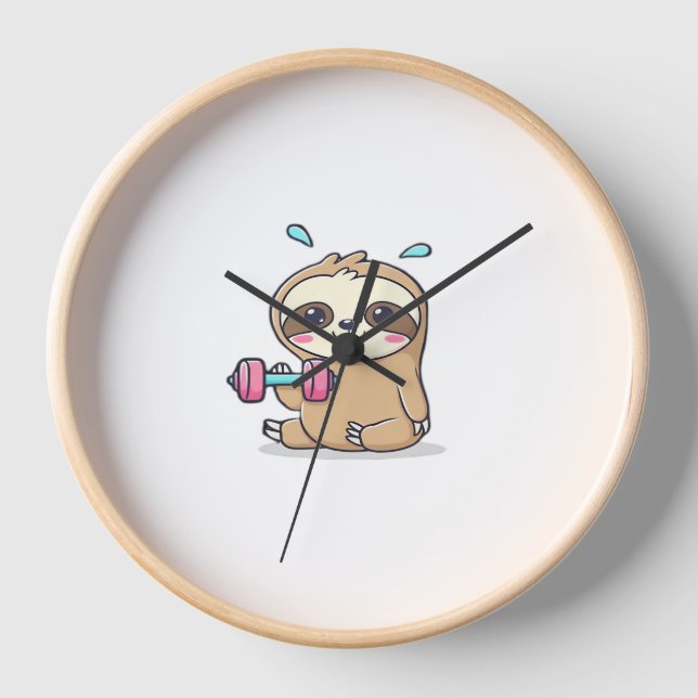 Funny Chibi Sloth Workout  Cute Kawaii Gym Cartoon Clock (Front)