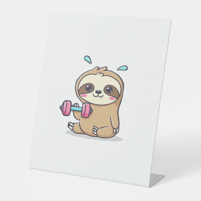 Funny Chibi Sloth Workout  Cute Kawaii Gym Cartoon Pedestal Sign (Front)