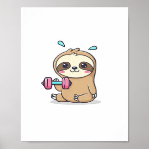 Funny Chibi Sloth Workout Cute Kawaii Gym Cartoon Poster