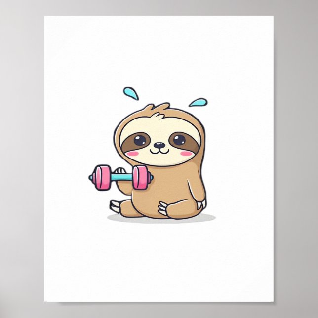 Funny Chibi Sloth Workout  Cute Kawaii Gym Cartoon Poster (Front)