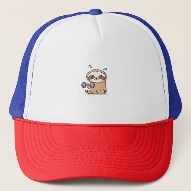 Funny Chibi Sloth Workout  Cute Kawaii Gym Cartoon Trucker Hat (Front)