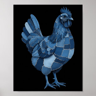 Funny Chicken Blue Denim Patchwork Style Animal Poster