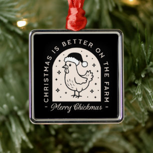 Funny chicken Christmas farm puns whimsical black Metal Tree Decoration