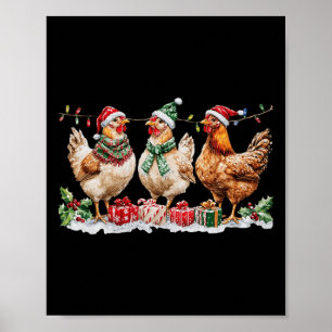 Funny Chicken Christmas Hat Lights Farm Animal Cut Poster