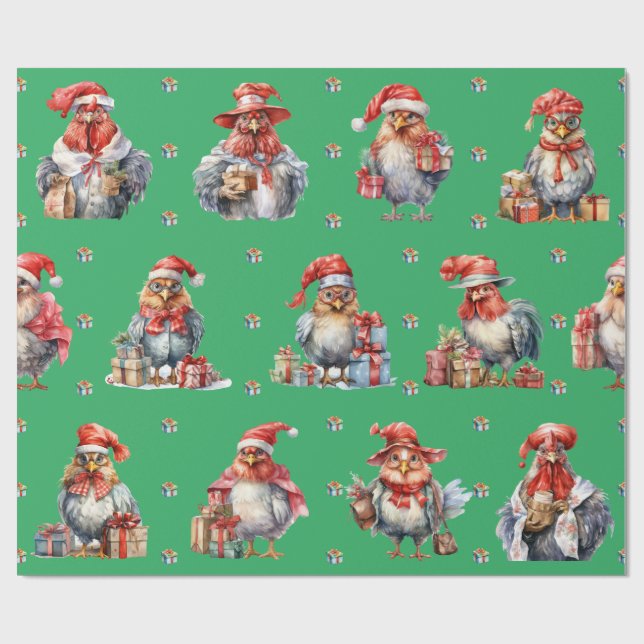Funny Chicken Christmas Holiday Shoppers Green Wrapping Paper (Flat)
