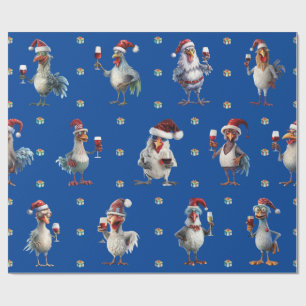 Funny Chicken Christmas Holiday Wine Party Blue Wrapping Paper
