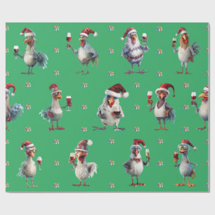 Funny Chicken Christmas Holiday Wine Party Green Wrapping Paper