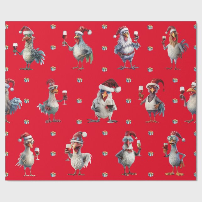 Funny Chicken Christmas Holiday Wine Party Red Wrapping Paper (Flat)