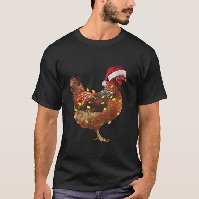 Funny Chicken Christmas Lights Santa Hat Holiday G T-Shirt (Front)