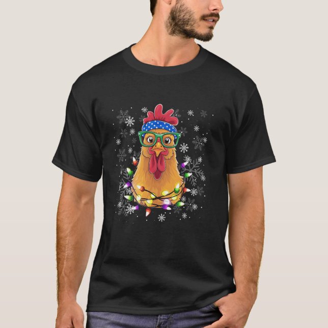 Funny Chicken Christmas Santa Hat Snowflakes Glass T-Shirt (Front)