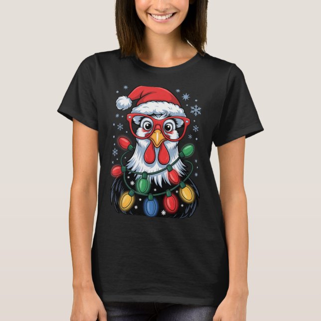 Funny Chicken Christmas Tree Lights Santa Hat Xmas T-Shirt (Front)