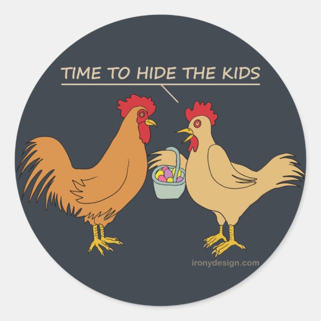 Funny Chicken Easter Egg Hunt Cartoon Blue Classic Round Sticker (Front)