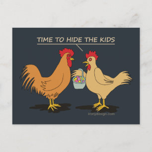 Funny Chicken Easter Egg Hunt Cartoon Blue Postcard