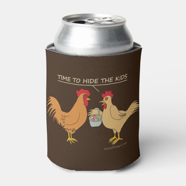 Funny Chicken Easter Egg Hunt Cartoon Brown Can Cooler (Can Front)