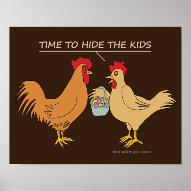 Funny Chicken Easter Egg Hunt Cartoon Brown Poster (Front)