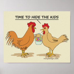 Funny Chicken Easter Egg Hunt Cartoon Poster