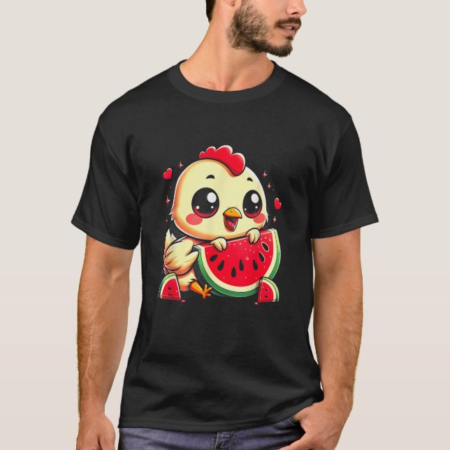 Funny Chicken Eating Watermelon Fruit Summer Farmi T-Shirt (Front)